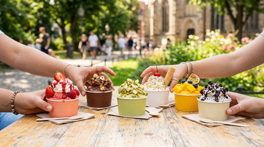 Ein Mitarbeiter von Nicezeit füllt frisch zubereitetes Eis in eine Eismaschine, um den Eiswagen in Hannover zu beliefern.